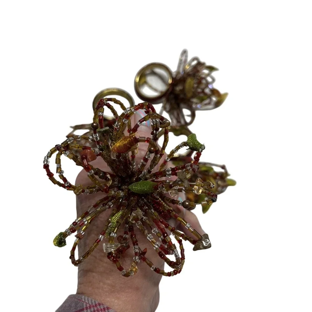 Pier One Napkin Rings Gold Amber Brown Beaded Floral Set Of 4 Boho‎ Hippie